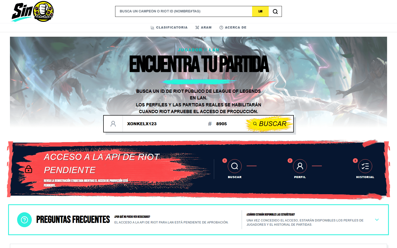 SinManos LAN Riot ID player search experience