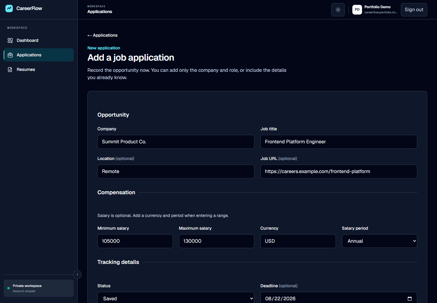 CareerFlow new-application form filled with fictional company, role, salary, and deadline information