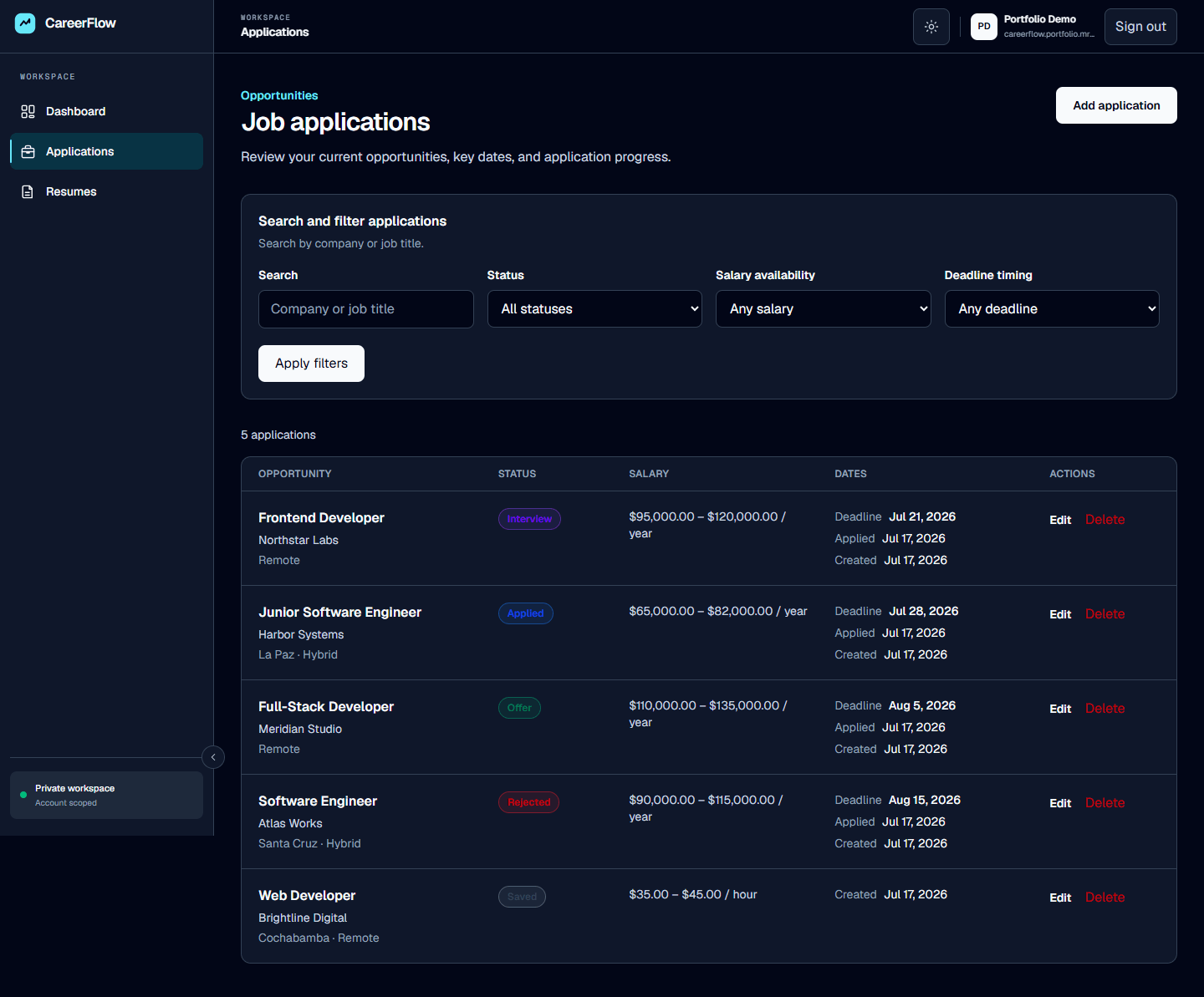 CareerFlow applications page with server-side search, combined filters, status labels, salary ranges, and deadline dates