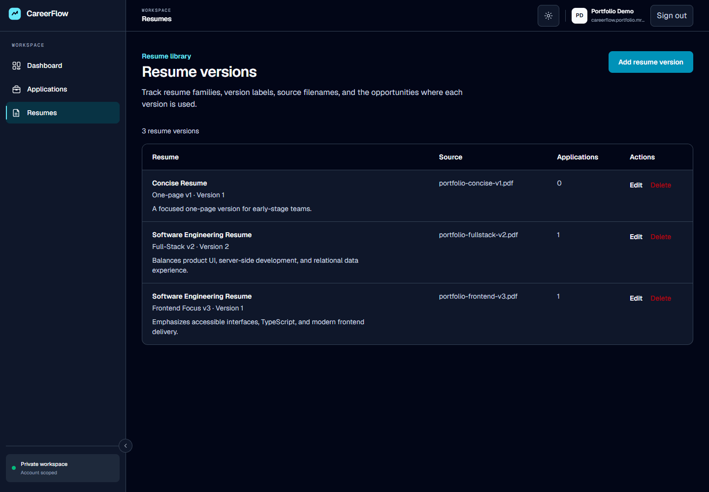 CareerFlow resume library showing a concise resume and two independently labeled software-engineering versions