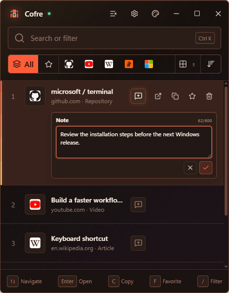 Editor de notas de Cofre expandido dentro de un enlace guardado de GitHub
