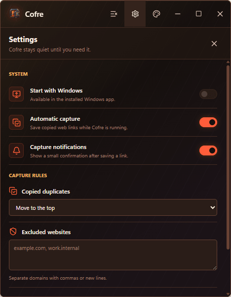 Ajustes de Cofre para inicio con Windows, captura, notificaciones, duplicados y sitios excluidos