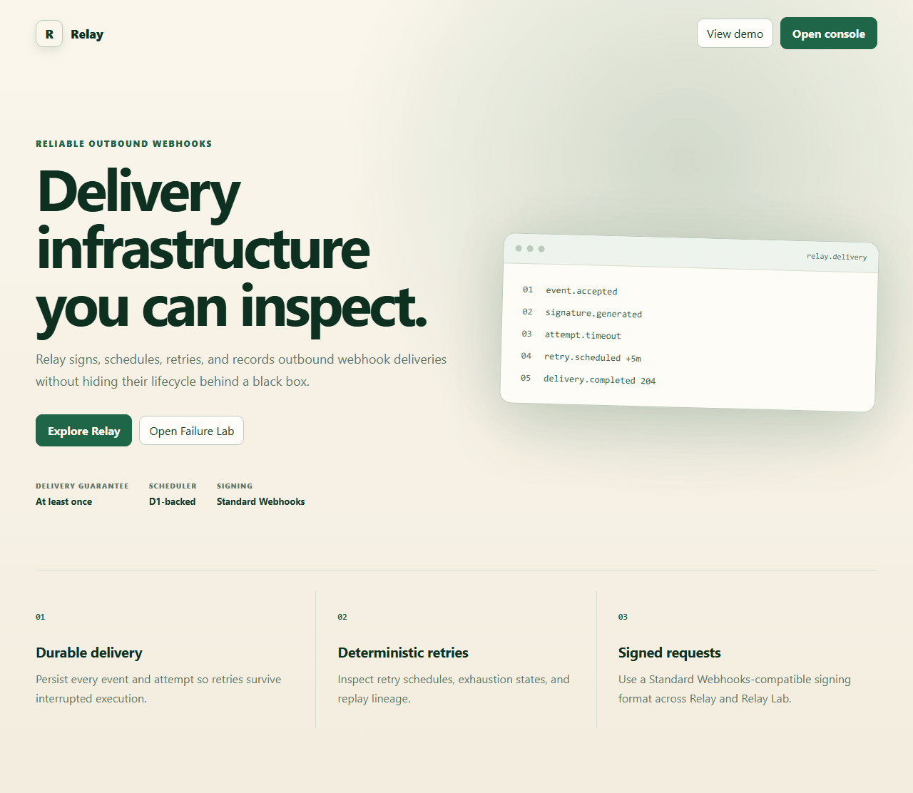 Relay landing page introducing inspectable webhook delivery infrastructure