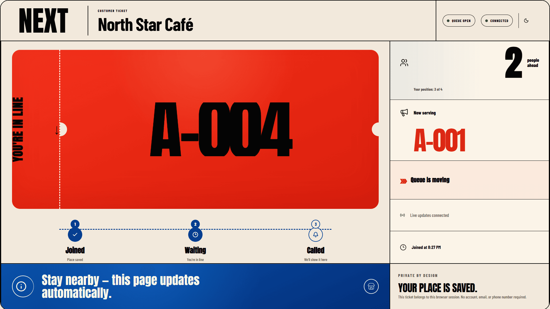 Customer queue status with number and position