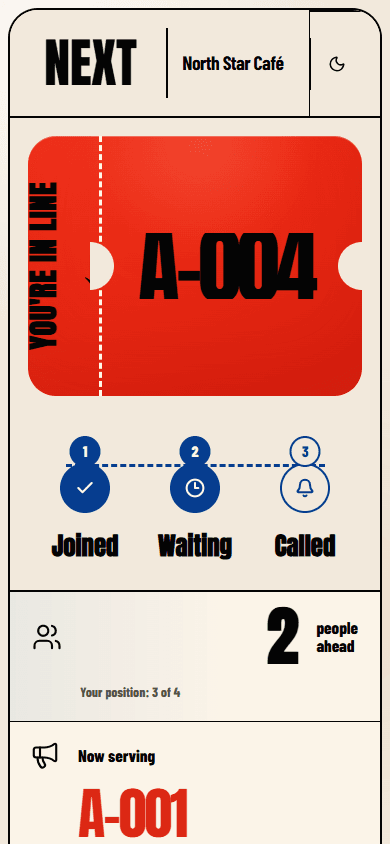 Next customer queue interface on mobile