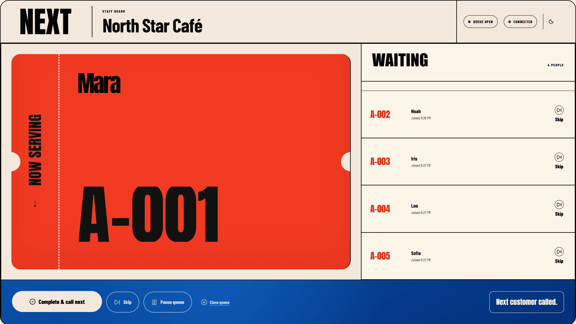 Next staff board with waiting, serving, and completed queue entries